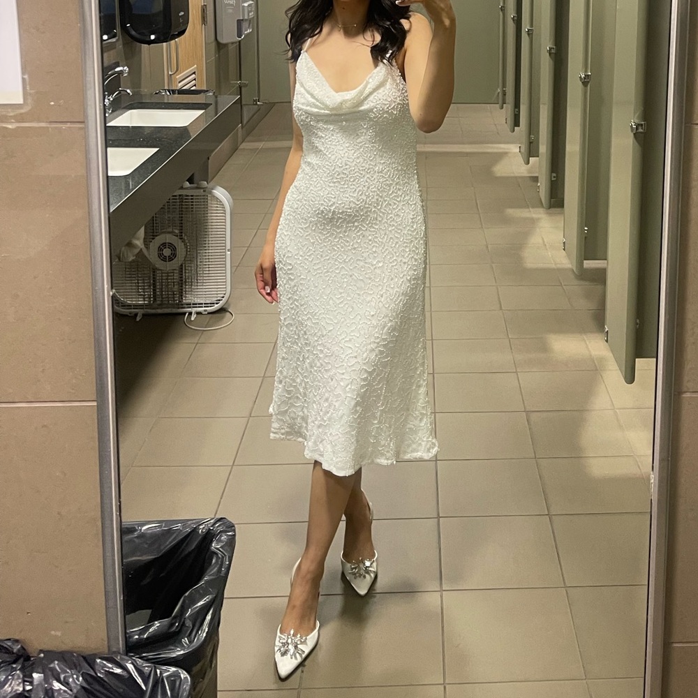 Adrianna Papell White Beaded Midi Cowl Neck Dress
